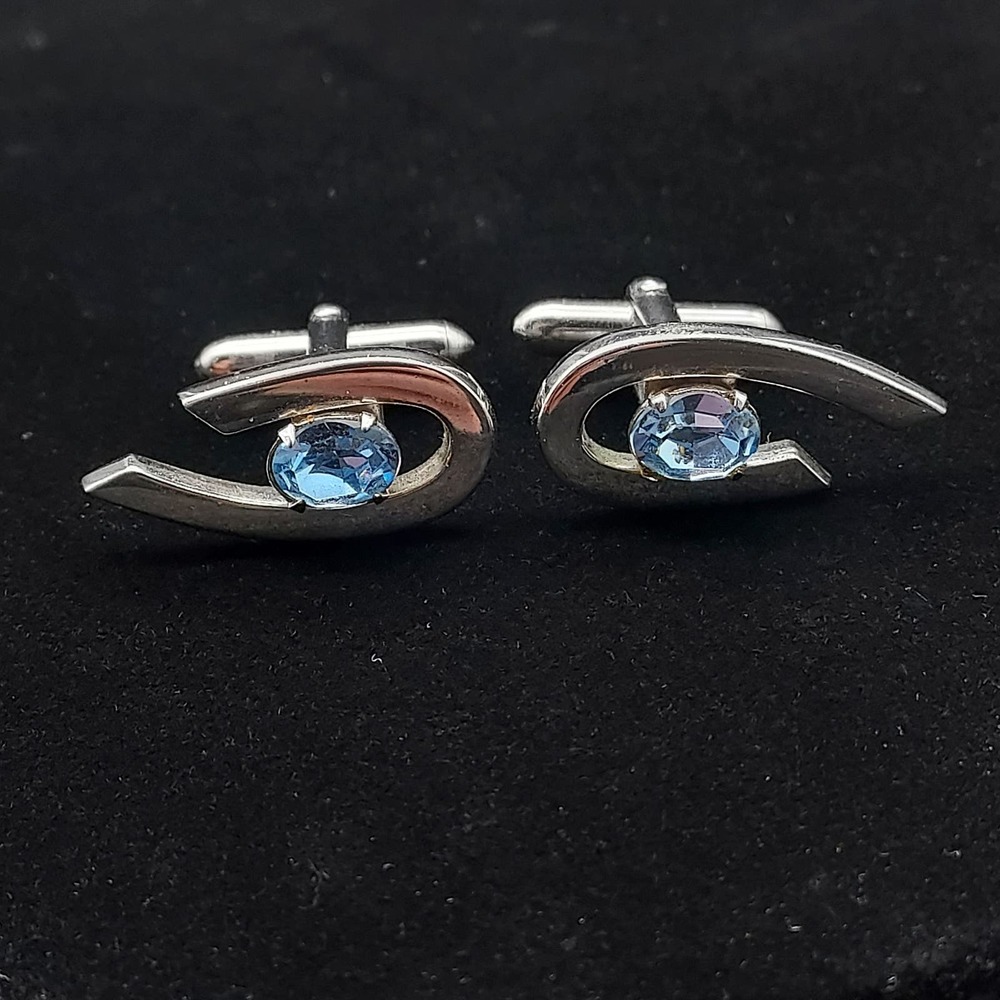 Swank Silver Tone Cufflinks Blue Rhinestones Vintage Mens Fashion Accessory‎